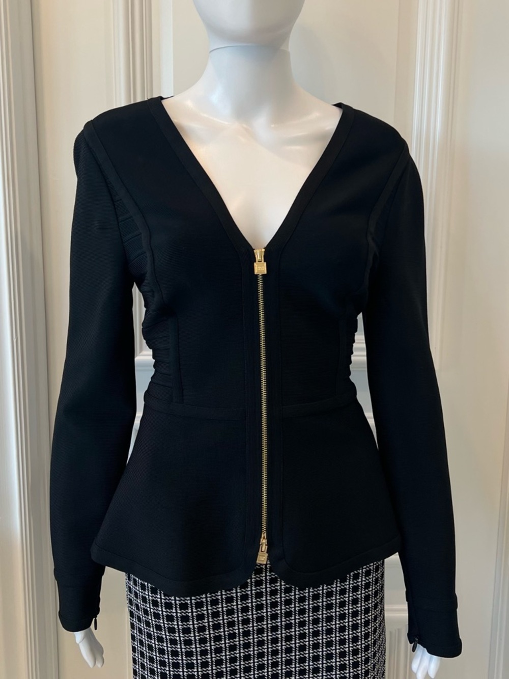 Herve leger Peplum Bandage zip up top Black large